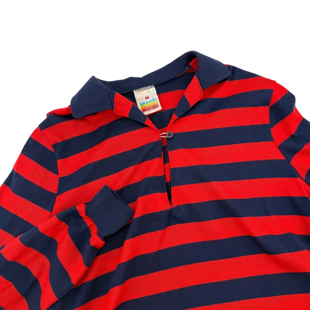 Wrangler Vintage Red‎ Navy Stripe Long Sleeve Polo Shirt Womens Size M USA made